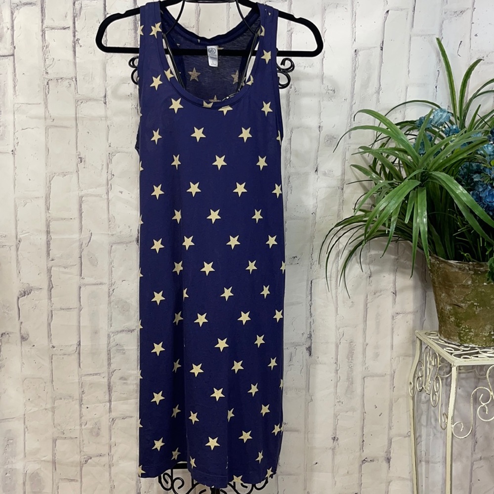 Alternative Racer Back Dress Cream Star on Blue Cotton Modal Blend Midi Swing